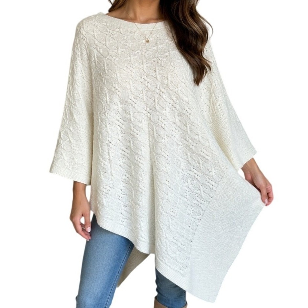 Kim Rogers Curvy Cable Knit Shawl Poncho Sweater Wrap 2X Cream Asymmetrical Hem